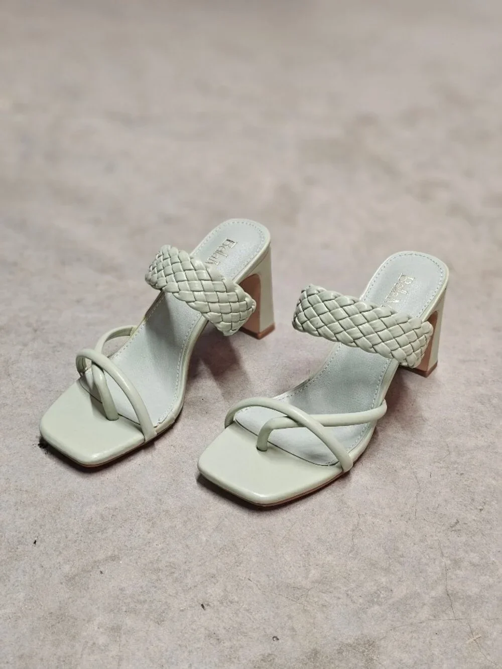 Woven Strap Block Heel Sandals Sage Green Square Toe Slip-On Design Womens Footw